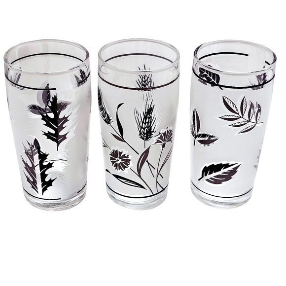 3 Frosted Wildflower Leaves Juice Glasses 4" midcentury botanical nature 6oz gla - Picture 1 of 9
